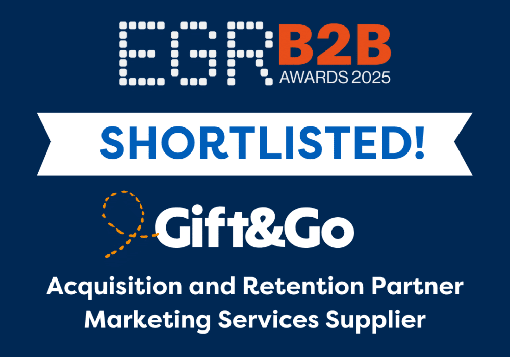 Gift&Go shortlisted for Acquisition and Retention Partner and Marketing Services Supplier at EGR B2B Awards 2025. A bold graphic featuring the EGR B2B Awards logo, the 'SHORTLISTED!' banner, and Gift&Go branding.